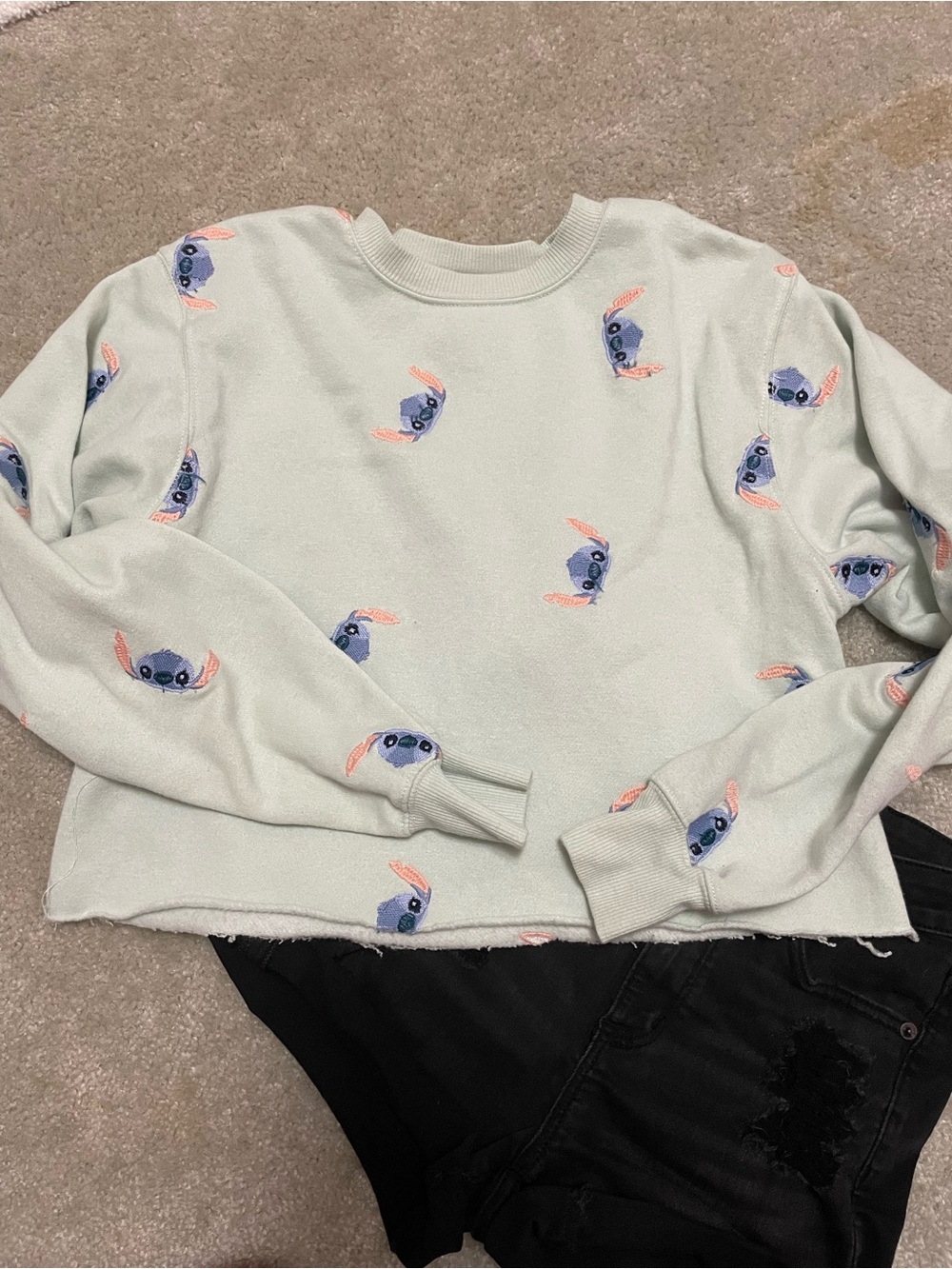 Disney Crewneck Cropped Sweatshirt with Embroidered Stitch Paterned